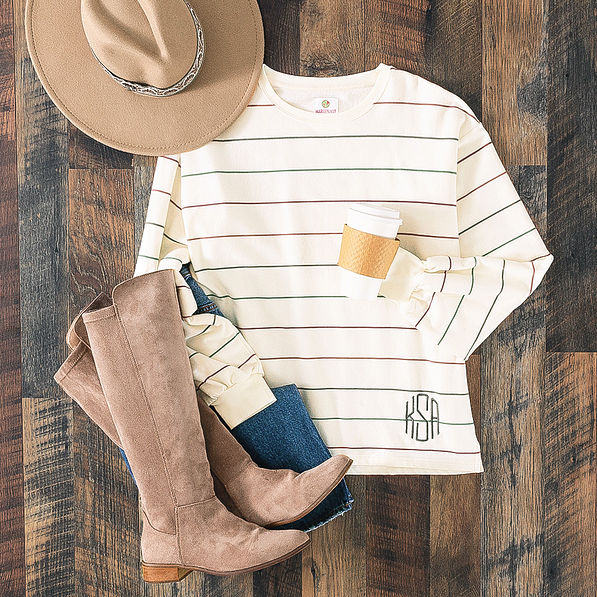 monogrammed autumn stripe puff sleeve sweatshirt flatlay