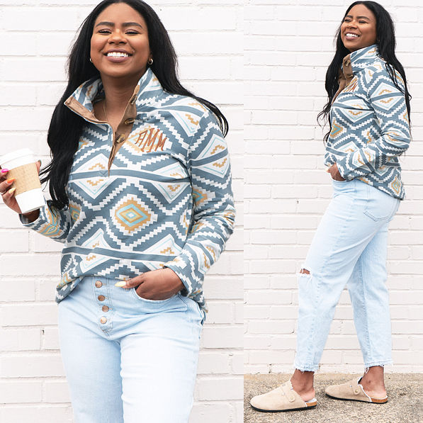 blue aztec pullover front and side front tuck in mom jeans