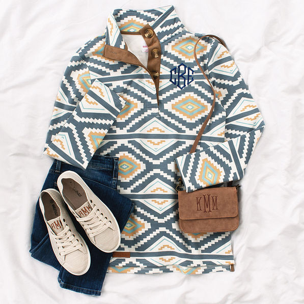 monogramed aztec pullover with sneakers and purse ootd