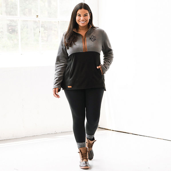 black colorblock fleece pullover on julia