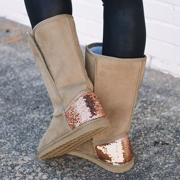 back of monogrammed sherpa booties in tan with pink sequins