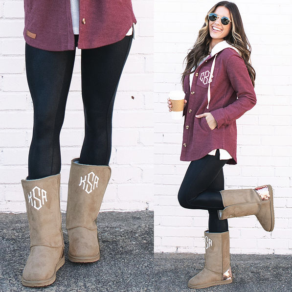 monogrammed sherpa booties in tan with pink glitter with shacket