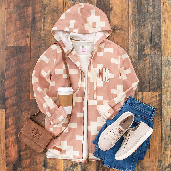 monogrammed coral aztec shacket outfit with purse and sneakers