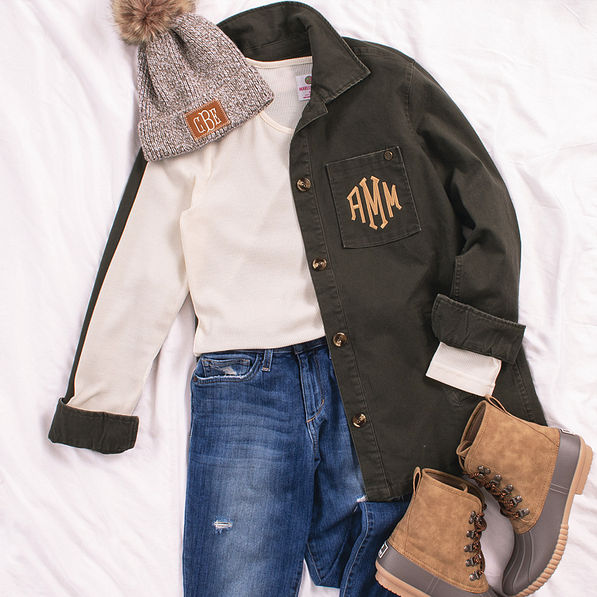 monogrammed faded green canvas shacket with grey duck boots