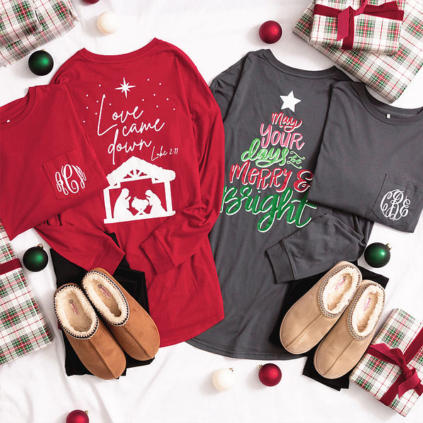 crimson and charcoal christmas t-shirt flatlay