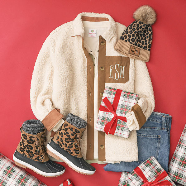 oatmeal monogrammed sherpa shacket with leopard duck boots