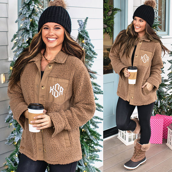 split image of hickory monogrammed sherpa shacket with winter duck boots