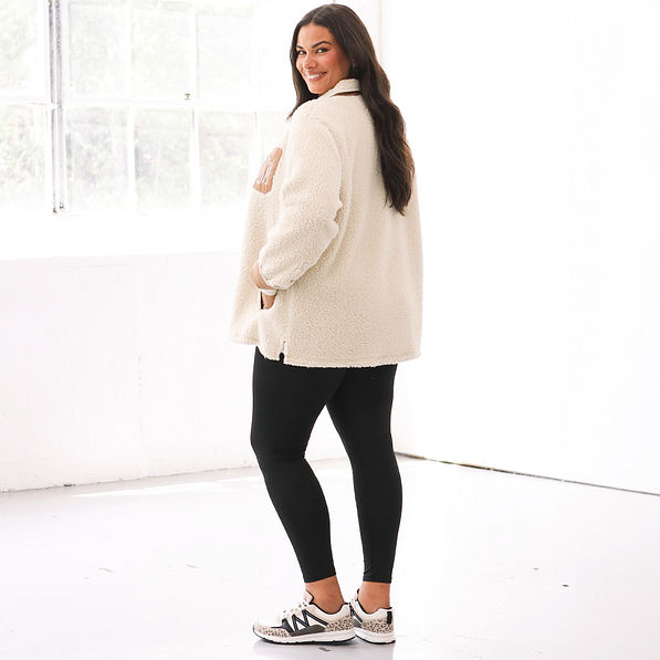 back of oatmeal sherpa shacket