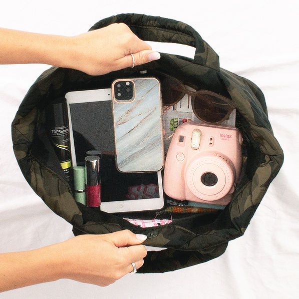 inside of quilted camo tote set