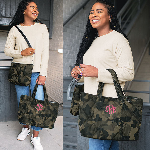 girl wearing quilted camo tote set with casual sweatshirt