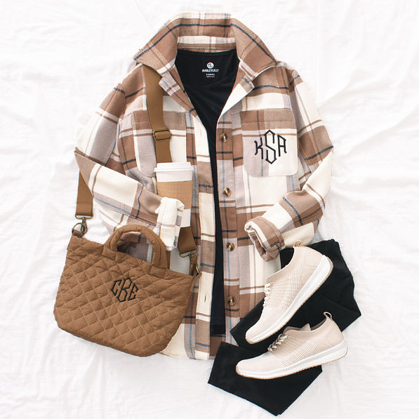hickory brown monogrammed shacket athleisure ootd with sneakers and purse