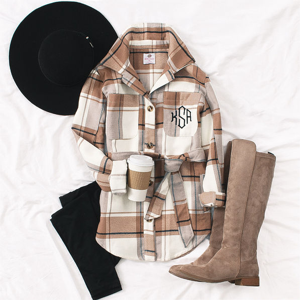 monogrammed hickory tie shirt jacket with boots