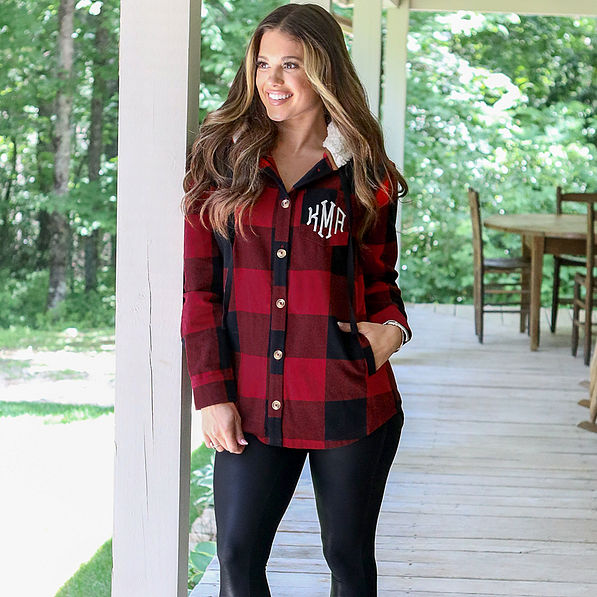 hooded sherpa shacket on brunette girl in buffalo plaid
