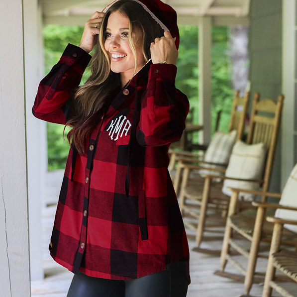 hooded sherpa shacket in buffalo plaid