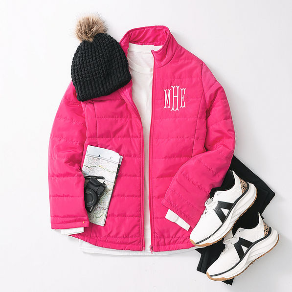 hot pink monogrammed puffer jacket outfit