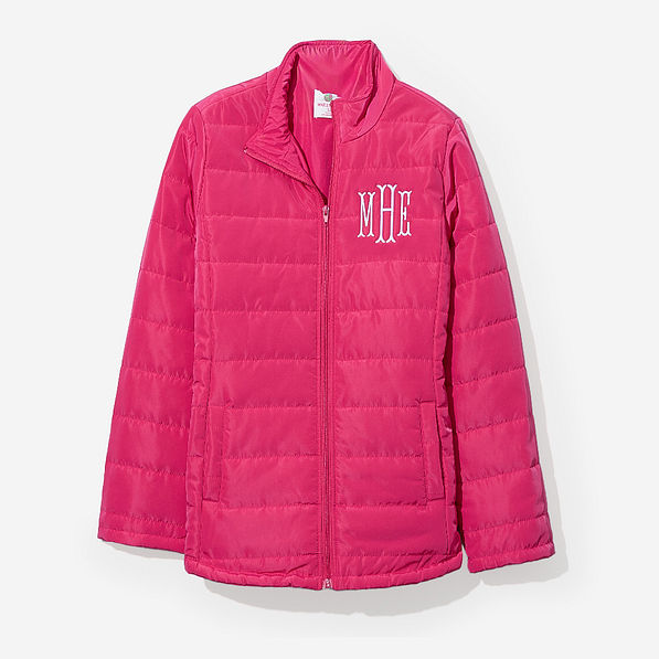 monogrammed puffer jacket in hot pink