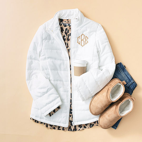 white puffer monogrammed jacket outfit