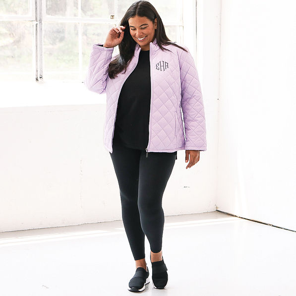 side of lavender lilac puffer jacket with leggings