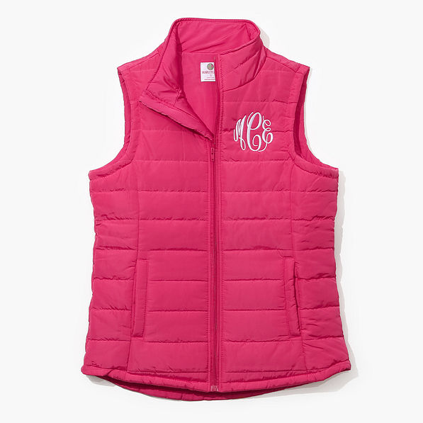Monogrammed Puffer Vest in Hot Pink