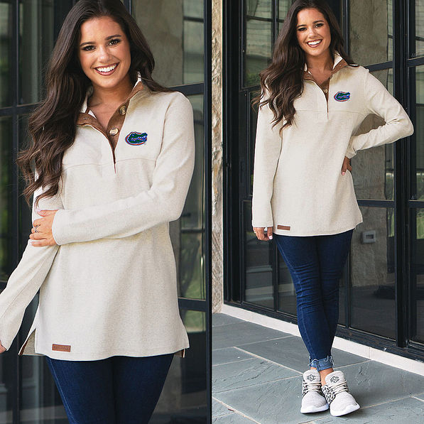 girl wearing oatmeal florida popover with button collar