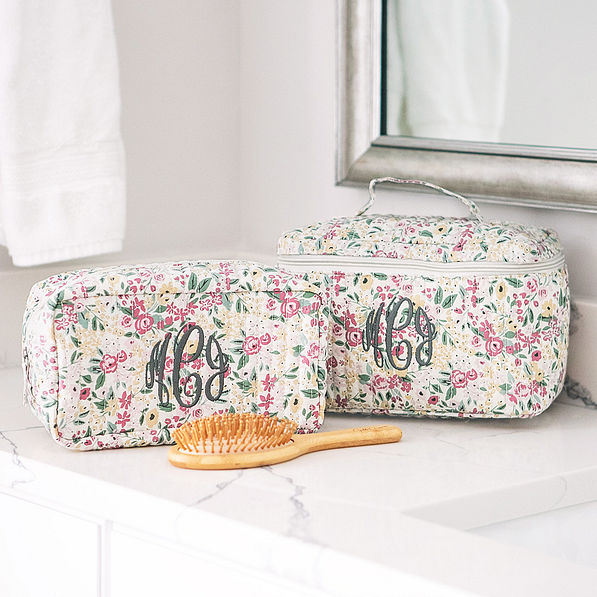 Monogrammed Quilted Cosmetic Case in Fall Botanical with matching train case