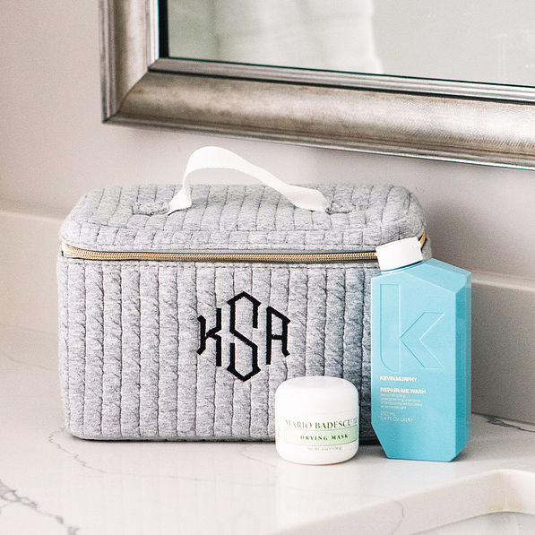 gray quilted train case up close