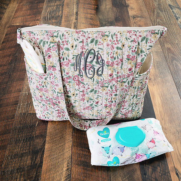fall botanical tote with diapers and wipes