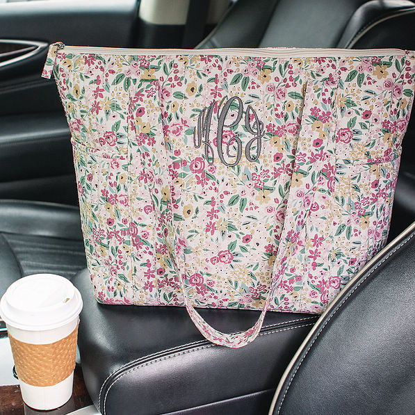 fall botanical quilted tote in car