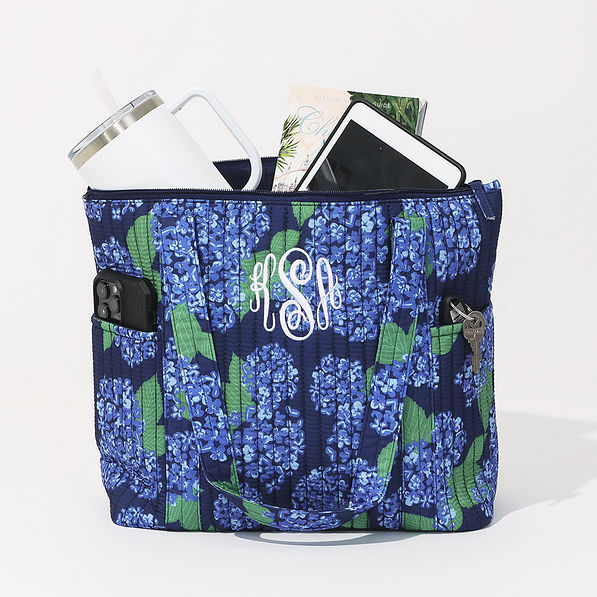 blue hydrangea personalized quilted tote bag filled up