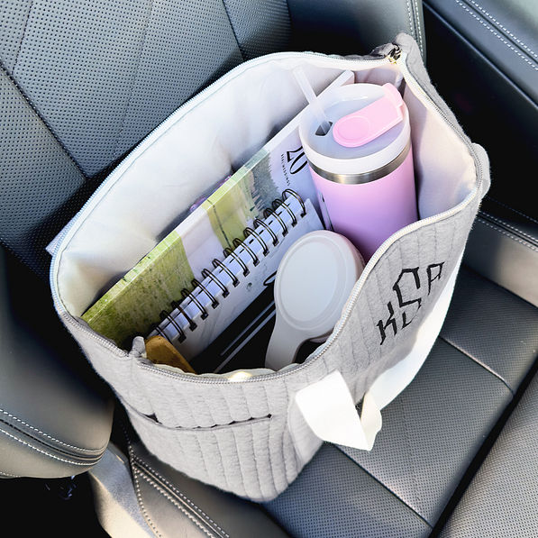 gray quilted tote bag inside shot