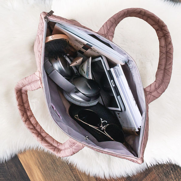 Inside of Monogrammed Quilted Tote Bag in dove blush