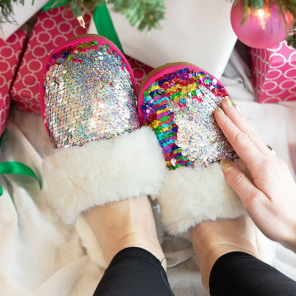 Multi Sequin Faux Fur Slippers