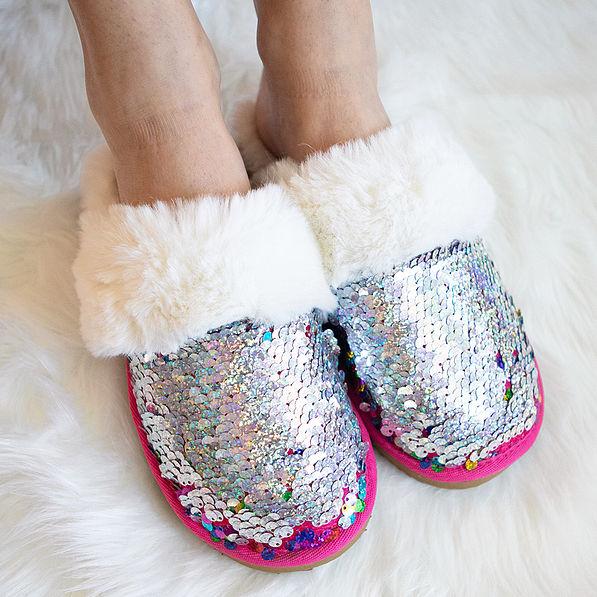 sequin slippers in silver sequins reversible