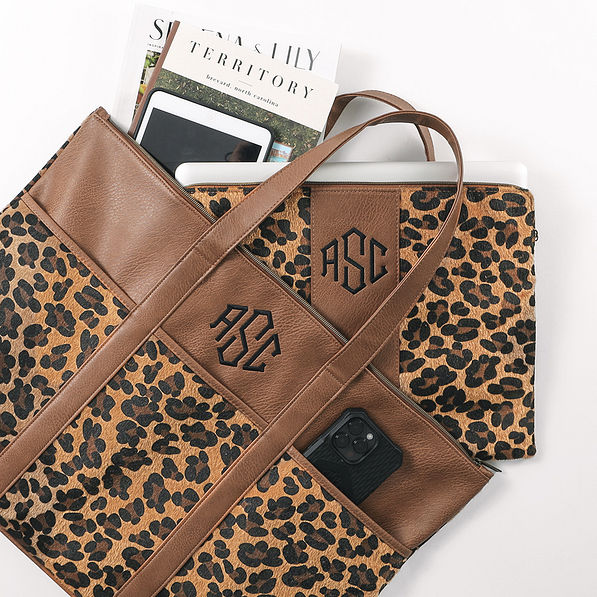 monogrammed pocket tote bag and laptop sleeve in leopard spot