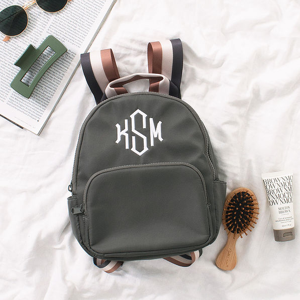 charcoal mini backpack on white sheet