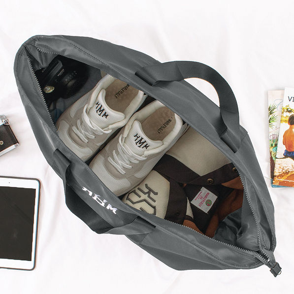 Open Shot of Monogrammed Classic Weekender in Charcoal