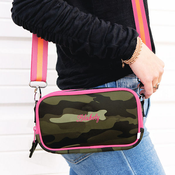 camo neoprene crossbody bag with name