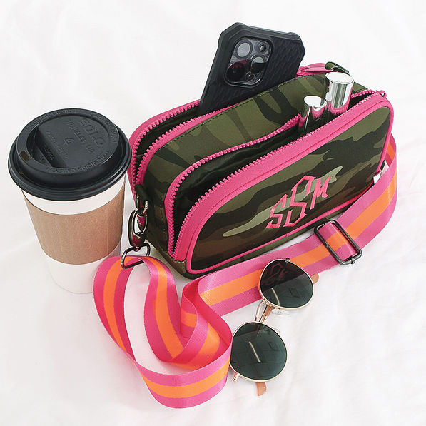 neoprene crossbody camera phone in orange pink camo