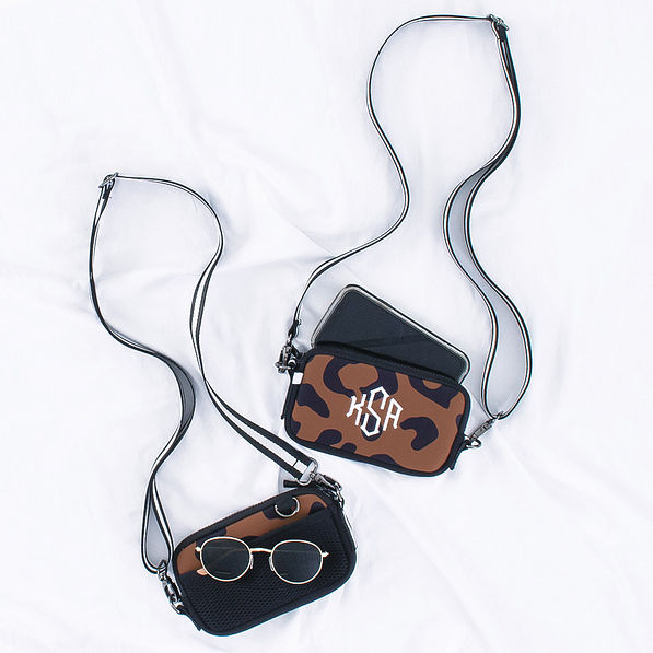 monogrammed neoprene crossbody in hickory leopard front and back