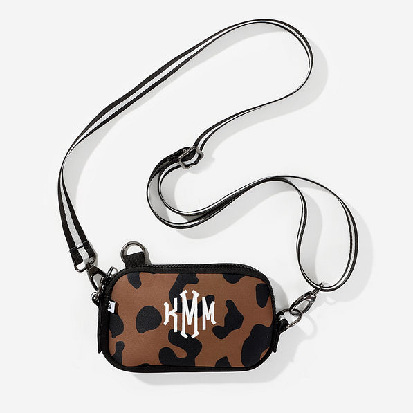 Monogrammed Neoprene Phone Crossbody in Hickory Leopard