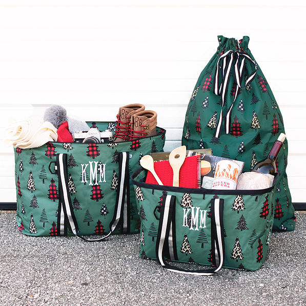 festive forest christmas tree gift sack with tote bag and market basket