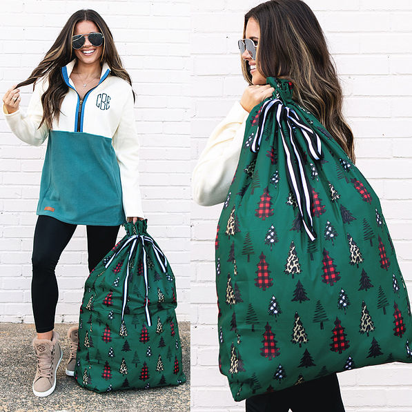 gift sack in festive forest over the shoulder