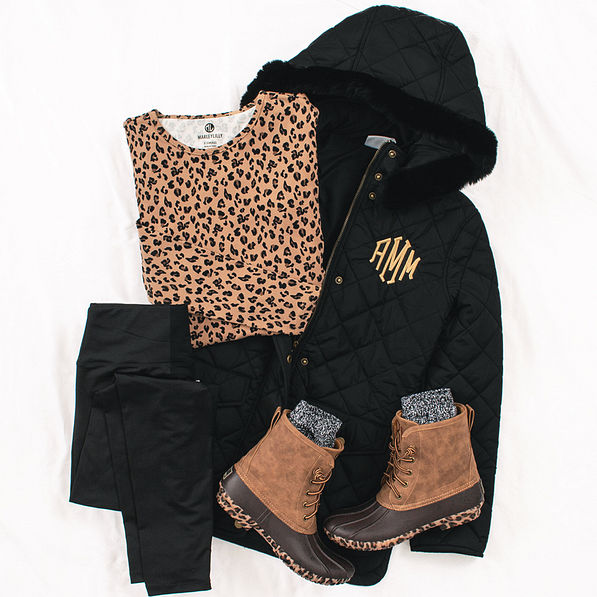 black monogrammed winter coat ootd with leopard layering tunic