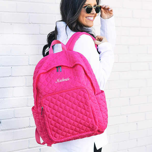 hot pink quilted laptop backpack with name