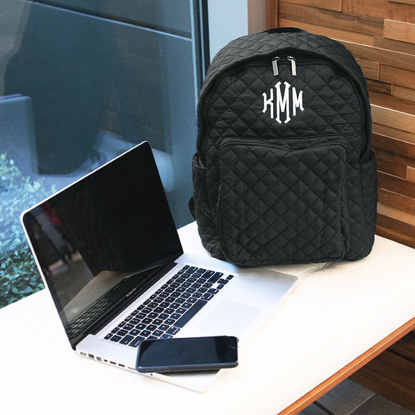 Monogrammed Quilted Laptop Backpack at desk