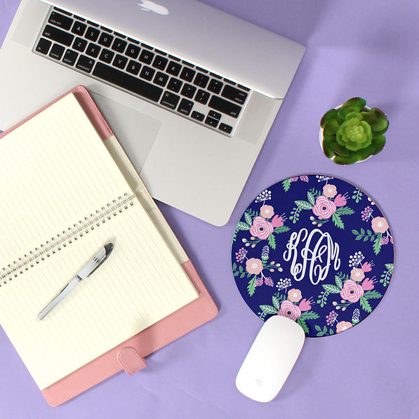 monogrammed floral mouse pad with laptop and notebook