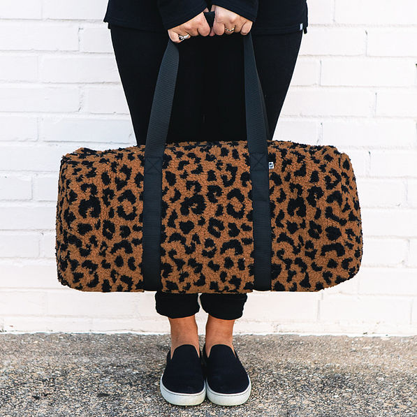 duffel bag in hickory leopard