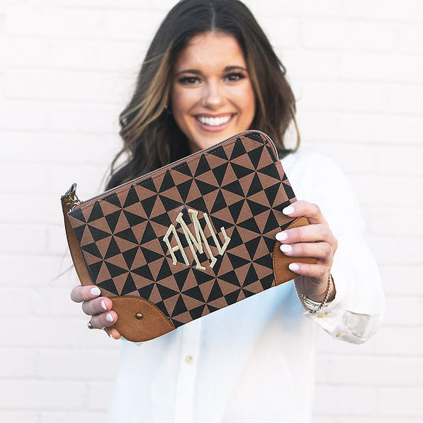 monogrammed vintage clutch in black and brown checkers up close