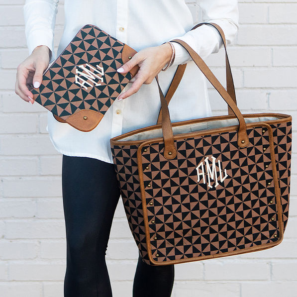 monogrammed vintage clutch in black and brown checkers with matching tote