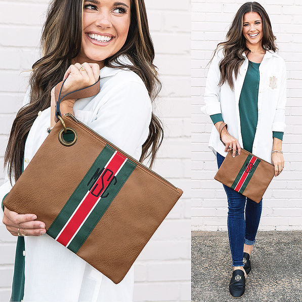 split of girl wearing brown wristlet